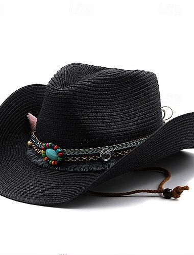  Herr Halmhatt Solhatt Cowboyhatt Fedora Trilby hatt Svart Vit Halm rep Vintagestil Mode 1700-talet delstaten Texas Dagligen Temafest Enfärgad / vanlig färg Solskyddskräm Cosplay