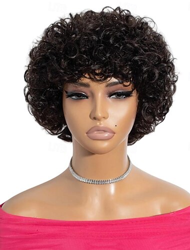  brasilianische kurze Pixie-Afro-Perücke mit verworrenem Lockenmuster für Frauen, klebefrei, braun gefärbtes Haar, Bob-Perücke mit Pony, 6 Zoll, Echthaar-Perücke