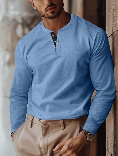  Herre T-shirt Henley-skjorte T-Shirts Lang ærmet skjorte Vanlig Henley Afslappet Ferie Langærmet Lomme Knap foran Tøj Bomuld Mode Designer Bekvem Nødvendighed