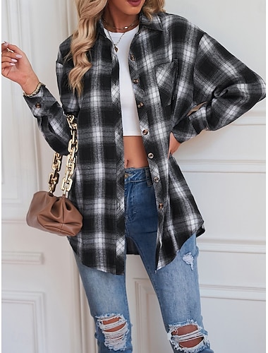 Damen Freizeitjacke Outdoor Strasse Freizeitskleidung Herbst Winter Standard Mantel Regular Fit warm Atmungsaktiv Stilvoll Brautkleider schlicht Jacken Langarm Streifen und Plaid Mit Taschen Bedruckt
