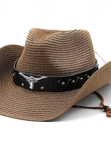  Herr Halmhatt Solhatt Cowboyhatt Fedora Trilby hatt Svart Vit Halm rep Vintagestil Mode 1700-talet delstaten Texas Dagligen Temafest Enfärgad / vanlig färg Solskyddskräm Cosplay