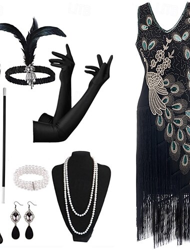 Années 1920 Robe de cocktail Robe vintage Robe Charleston Tenues Robe de Bal Invité au mariage Paillettes Frange à pompons Plume Femmes Nouvel An Mascarade Performance Fête / Soirée Réception de