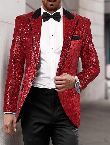  Herren Blazer-Jacke Smoking Luxus Glanz Patchwork Einfarbig Blazer Schwarz Silber Rote Weite Passform Einreiher - 1 Knopf