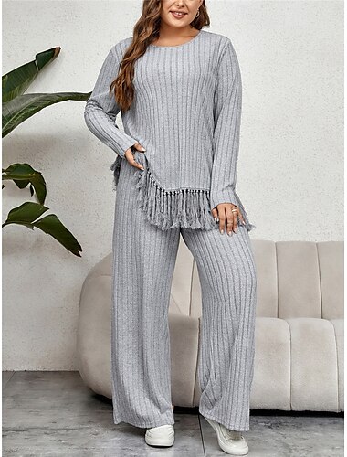  dam plus size toppar t-shirt t-shirt enfärgad tofs frans långärmad rund hals casual dagligen höst vinter fuchsia grön