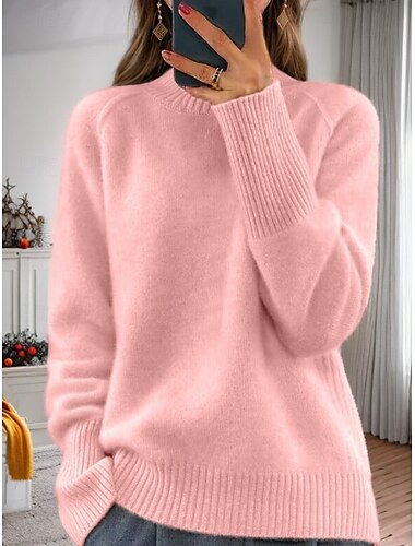  Damenpullover Pullover Rollkragenpullover Strickpullover Raglanärmel Frühling Herbst Zuhause Alltag Urlaub Alltag Freizeit Weich Langarm Reine Farbe Weiß Hellgrün