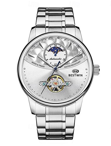  Herren Mechanische Uhr, Business Automatikuhr, Tourbillon, Weltzeit, Wasserdichtes Edelstahlarmband