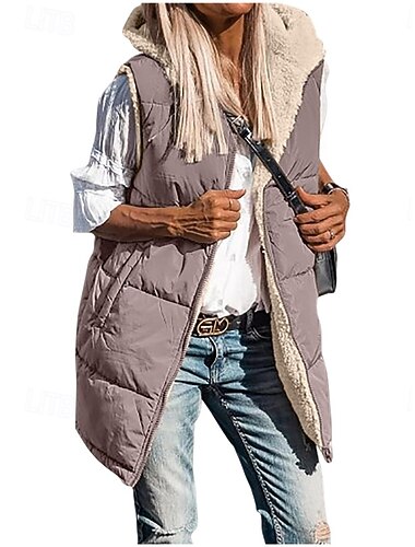  Chaleco con capucha de doble cara para mujer, chaqueta corta acolchada de algodón con solapa de polar