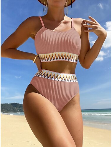  Damen Badeanzug Bikinis 2 Stück Unterhosen Bademode Rückenfrei Schlank Urlaub Strandbekleidung Feste Farbe V Ausschnitt Ärmellos Badeanzüge