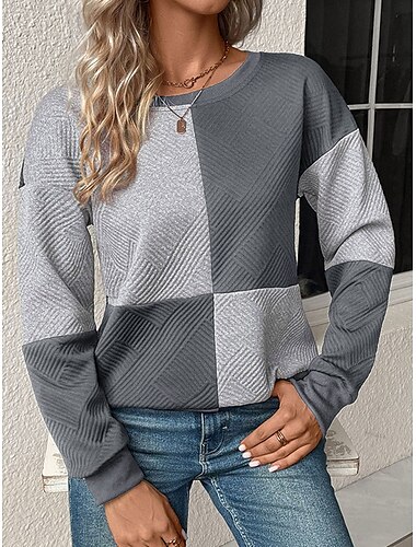  Damen T Shirt Plaid Modisch Modern Brautkleider schlicht Langarm Rundhalsausschnitt Normale Oberteile Täglich Wochenende Bedruckt Schwarz Marineblau Grau Herbst Winter