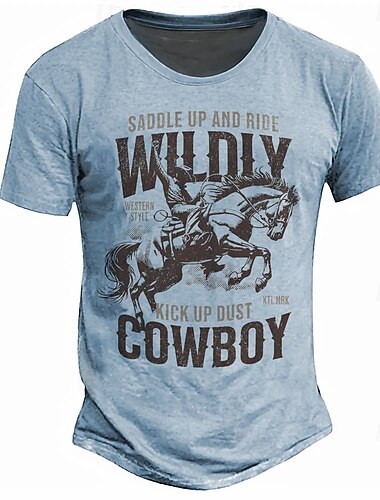  Herren Cowboy T Shirt Kurzarm T-Shirt 3D-Druck Rundhalsausschnitt Hemd Retro Vintage Brautkleider schlicht Streetstyle Strasse Sports Outdoor Urlaub Hellblau Beige Grau Hellgrün Frühling Sommer