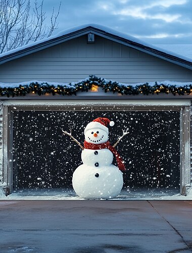  juledørdekorasjoner utendørs garasjeportdeksel snømann juletre banner gårdshus stort julebakgrunn for ferie utendørs garasjedør hjem veggdekorasjoner