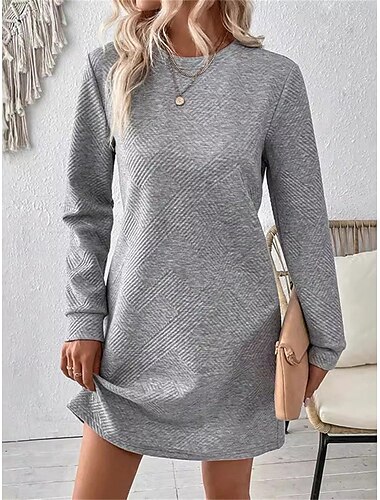  Mujer Vestido informal Mini vestido Frunce Casual Cuello Barco Manga Larga Negro Albaricoque Gris Color