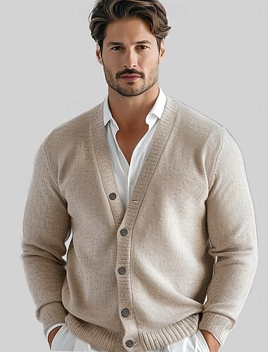  Herr Cardigan Tröja Sticka Knappen uppåt Ensfärgat V-hals Stickat Elegant Skola Träning Kläder Biskop Höst Vinter Svart Khaki grön S M L