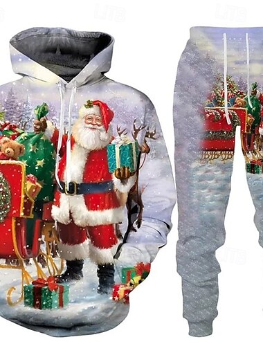  christmas menn julenissen 3d hettegensere treningsdress hettegensere sett rød grønn svart hvit rød marine blå hette grafikk julenissen snømann 2 deler print sport &amp; utendørs casual 3d-print