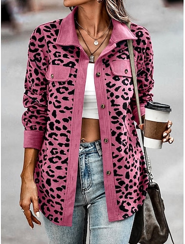  Damen Freizeitjacke Outdoor Strasse Freizeitskleidung Herbst Winter Standard Mantel Regular Fit warm Atmungsaktiv Stilvoll Brautkleider schlicht Jacken Langarm Leopard Mit Taschen Bedruckt Rosa Blau