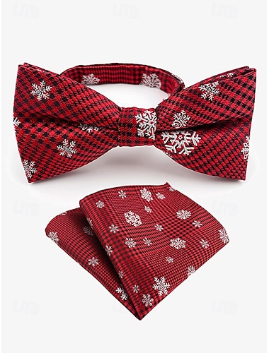 set papillon e fazzoletto da taschino natalizio da uomo - plaid rosso con motivo a fiocco di neve, perfetto per feste e occasioni festive   set papillon e fazzoletto da taschino natalizio da uomo - plaid rosso con motivo a fiocco di neve, perfetto per feste e occasioni festive