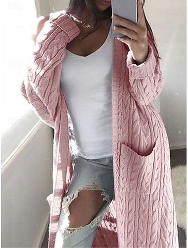  Damen Pullover Strickjacke Brautkleider schlicht Weich Einfarbig Gedrehtes Öffnung vorne Tasche Strick Langarm Lange Oberteile Stricken Outdoor Täglich Wochenende Weiß Rosa Herbst Winter
