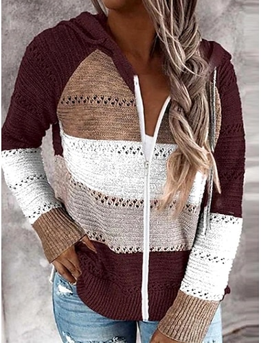  Per donna Felpa Pullover Maglione Informale Morbido A strisce A coste Con cappuccio Lavorato a maglia Manica lunga Top regolari Maglia Esterno Giornaliero Fine settimana Rosa Vino Autunno Inverno