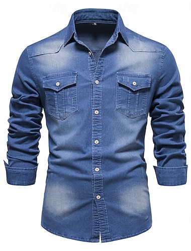  Voor heren Overhemd Normaal shirt Overhemd met knopen Denim overhemd Effen Vakantie Dagelijks Licht Blauw Zwart Donker Marine blauw Lange mouw Kraag Winter Lente & Herfst Kleding Voorvak