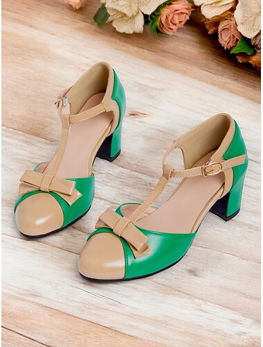  sapatos femininos de salto bloco verde e bege estilo vintage com detalhes de laço – sandálias elegantes com tiras em T para festas e ocasiões especiais