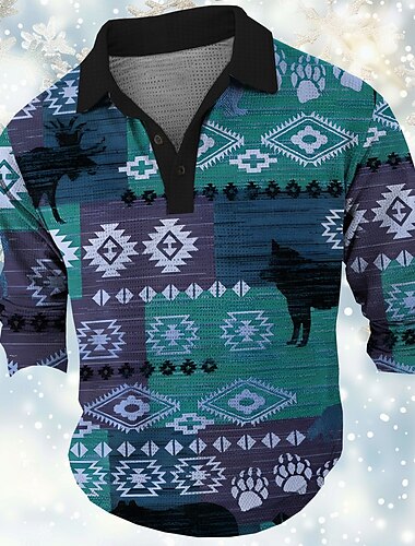  Herren Stammes Waffel-Poloshirts Golfshirt Langarm Polo-Shirts Hemden mit Kragen Vintage Lässig Urlaubskleidung Party-Outfits Knöpfe 3D-Druck Frühling Herbst Winter Schwarz Rote Blau