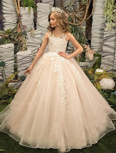  Robe de demoiselle d'honneur en forme de A, longueur au sol, robe de soirée de mariage, robe de bal mignonne pour filles, en tulle avec appliques, élégante, mini, pour mariée de 3 à 16 ans