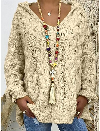  Damen Pullover Brautkleider schlicht Weich Farbblock Einfarbig Gerippt Mit Kapuze Strick Langarm Normale Oberteile Stricken Outdoor Täglich Wochenende Weiß Aprikose Herbst Winter