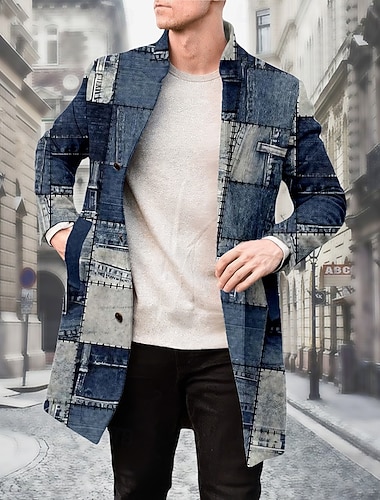  Voor heren Ruitjes Winterjas Fleecejack Overjas Warmte-isolerend Comfortabel Vintage Casual Formeel Buiten Alledaagse kleding 3D-afdrukken Knop Voorvak Winter Strijkijzer Lange mouw blauw