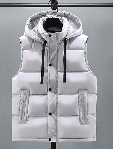  בגדי ריקוד גברים אפוד פאפר וסט קפוצ'ון מרופד Gilet אפוד מרופד יומי פגישה (דייט) חופשה אופנתי יום יומי סתיו חורף כיס מכסה המנוע הניתן להסרה פוליאסטר שמור על חום הגוף נוח צבע אחיד קדמי מכופתר עם קפוצ'ון
