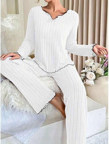  Pyjama-Set für Damen in reinen Farben, lässiger Wohnkomfort, täglicher Komfort, warm, V-Ausschnitt, langärmeliges T-Shirt und Hose, elastische Taille, Herbst-/Winter-Home-Outfits
