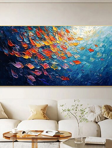  handgefertigtes Original Ölgemälde „Schwarm bunter Fische“ auf Leinwand, abstrakte Unterwasserwelt-Wandkunst für die Inneneinrichtung mit gespanntem Rahmen, ohne Innenrahmen