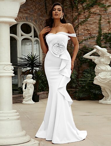  Abendkleid im Meerjungfrauen-Stil, elegantes Kleid, formelle Schleppe, kurze Ärmel, schulterfrei, Tasche, Stretch-Crêpe mit Falten 2025