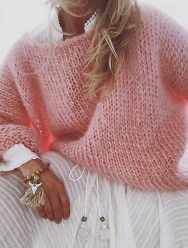  Damenpullover, flauschiger Pullover, Rundhalsausschnitt, Rippstrick, gestrickt, Herbst/Winter, Outdoor, täglich, Wochenende, lässig, weich, lange Ärmel, reine Farbe, Rosa, Khaki