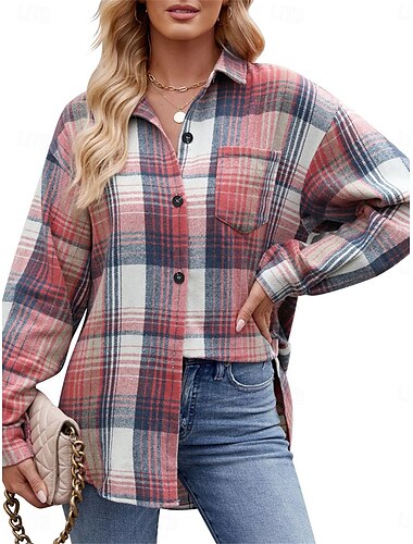  Damen Freizeitjacke Outdoor Strasse Freizeitskleidung Herbst Winter Standard Mantel Regular Fit warm Atmungsaktiv Stilvoll Brautkleider schlicht Jacken Langarm Streifen und Plaid Mit Taschen Bedruckt