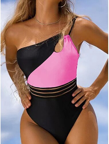  Damen Badeanzug Ein Stück Monokini Bademode Rückenfrei Bauchkontrolle Hohe Taillenlinie Schlank Urlaub Strandbekleidung Farbblock Ärmellos Badeanzüge