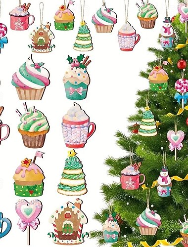  24 stk julepynt i tre, dekorasjonssett for cupcakes og godterier, hengende anheng med desserttema med kake- og varm kakaomønstre for ferietrær, hjem og kaffebardekor
