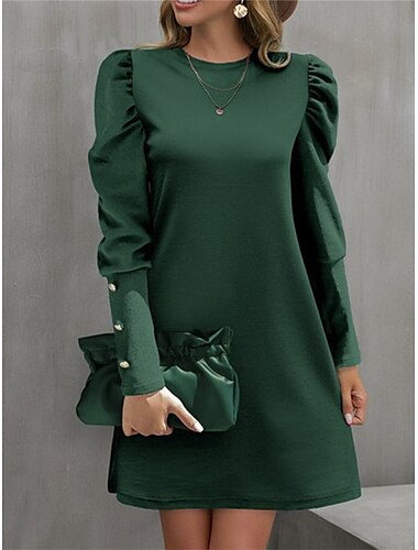 Damen Casual kleid Minikleid Rüschen Taste Brautkleider schlicht Rundhalsausschnitt Langarm Schwarz Rote Grün Farbe