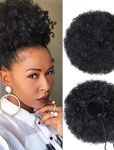  Extensión de cola de caballo sintética con clip afro para mujeres negras, moño corto y rizado para cabello natural