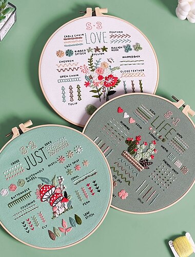  Stickset für Anfänger und Erwachsene, 3 Sets, leicht zu erlernende DIY-Sets mit 33 verschiedenen Stichen, Nadelspitze-Sets für Handarbeiten von Erwachsenen, inklusive gestempeltem Blumenmuster,
