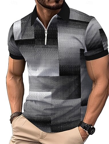  Men's Plaid Zip Polo Shirts Golf Shirt Short Sleeve Polo Shirts Collared Shirts Vintage Casual Vacation Wear Formal Wear Festival Wear 3D Print Quarter Zip Polo Summer Spring Black Red Blue