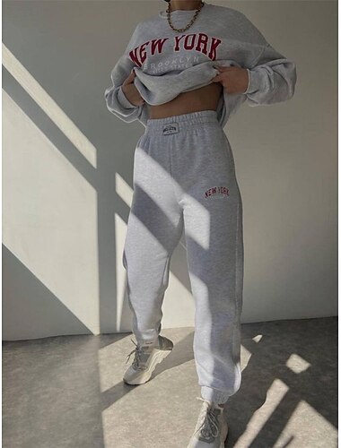  Damen Modisch Strassenmode Täglich Pullover Jogginghose Trainingshose Langarm Rundhalsausschnitt Buchstabe Bedruckt Casual Täglich Blau Beige Grau Herbst Regular Fit