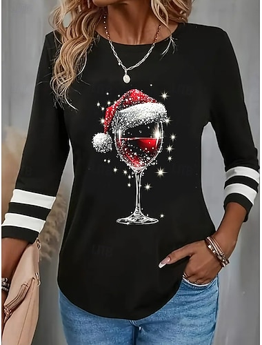  Femmes Chemise Chemisier Verre de vin Occasionnel manche longue Col ras du cou Hauts Réguliers Noël Quotidien Patchwork Noir Automne Hiver