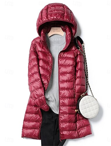  Damen puffer jacket warm halten Atmungsaktiv Zip Tasche Brautkleider schlicht Glatt Urlaub Strasse Freizeitskleidung Ausgehen Reisverschluss Lang Kapuzenpullover Regular Fit Langarm Oberbekleidung