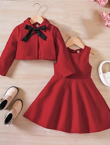  Děti Dívčí Šaty Pevná barva Dlouhý rukáv Venkovní Ležérní Elegantní Módní Denní Polyester Délka ke kolenům Volnočasové šaty Sada šatů Podzim Zima 4 roky + Světlá růžová Rubínově červená Hnědá