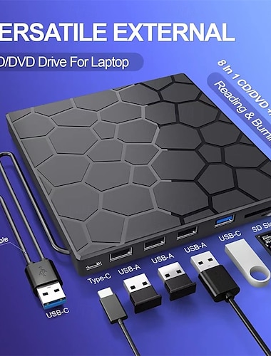 Unidad externa de CD/DVD para computadora portátil, reproductor de DVD para computadora portátil 8 en 1 USB 3.0, grabadora de CD portátil ultradelgada, unidad de disco externa óptica compatible con