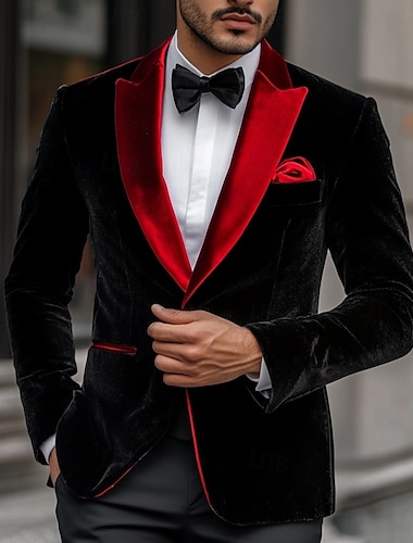  Veste de blazer en velours pour homme smoking de Noël soirée décontractée couleur unie noir rouge coupe standard à un bouton