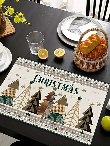  クリスマス リネン プレースマット 4 枚セット、クリスマスツリーとベルのプリント、赤いストライプのチェック柄デザイン、ホリデー パーティーの装飾用断熱テーブルマット