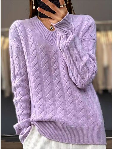  Femme Pull Chandail Pull Décontractées Flexible Couleur monochrome torsadé Col V Tricoté manche longue Hauts réguliers Tricoter Extérieur du quotidien Fin de semaine Chameau Violet Automne Hiver