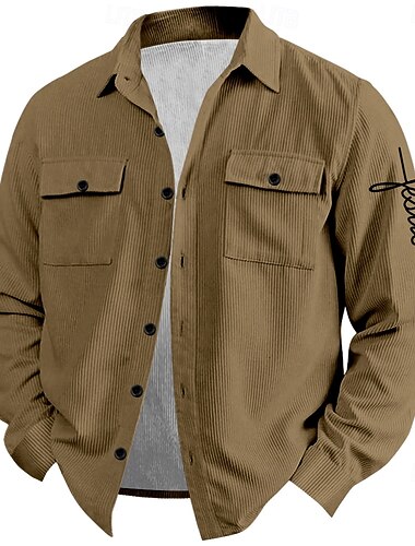  Homens Jesus Fé Camiseta de Veludo Jaqueta Camisa Camisola Manga Longa Vintage Moda Casual Ao ar livre Dia a Dia Feriado Outono & inverno Aberto para a Lateral Camisas de colarinho Botões Impressão
