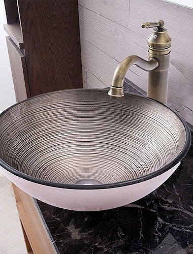  wastafel met ronde streep design wastafel moderne gehard glazen wastafel voor badkamer wastafelset met vintage kraan